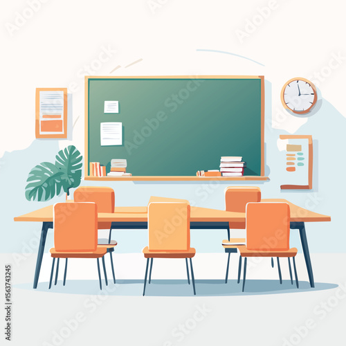 Classroom scene with green chalkboard orange chairs long table clock and plant