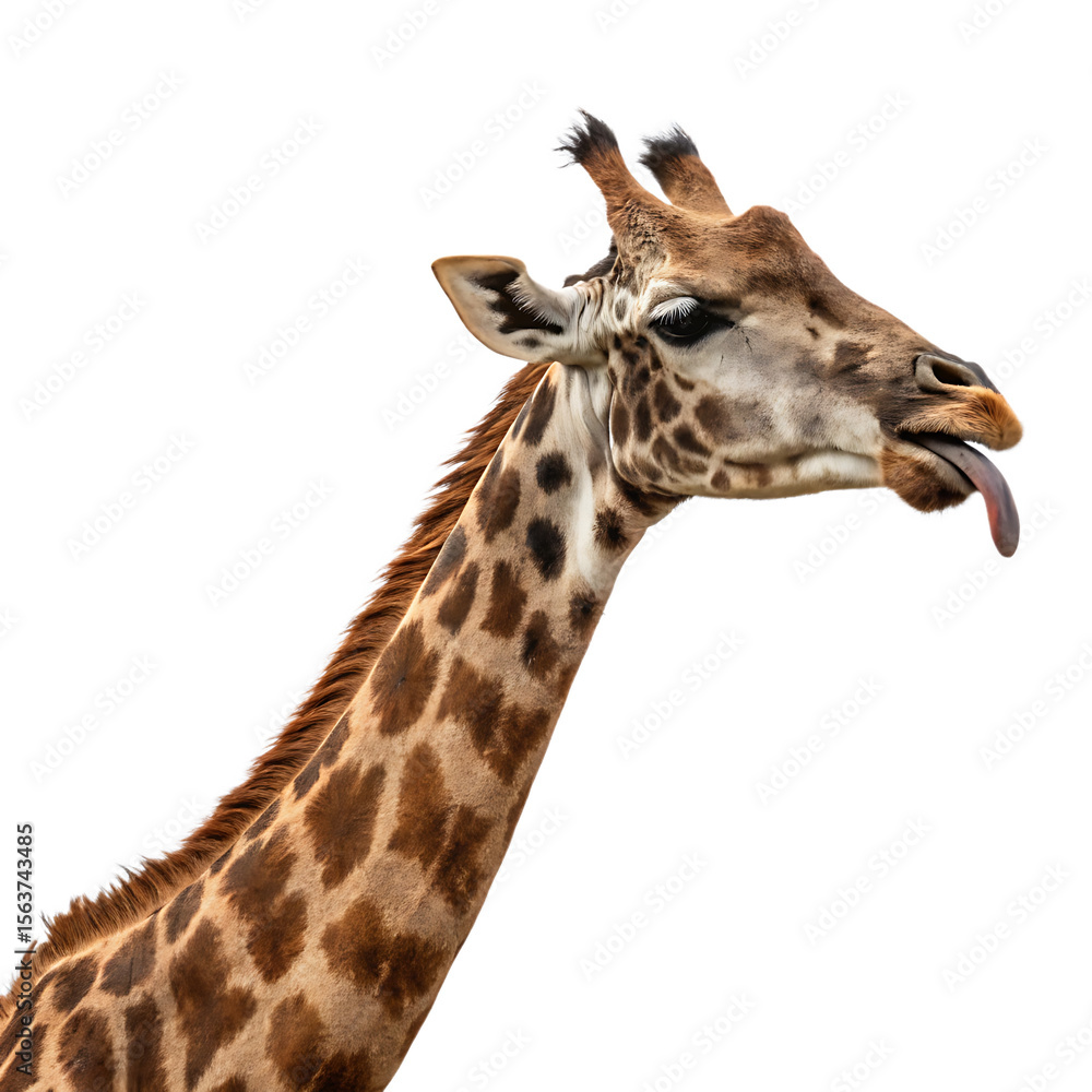 Fototapeta premium A portrait of a silly giraffe with its long purple tongue out isolated on a transparent background png