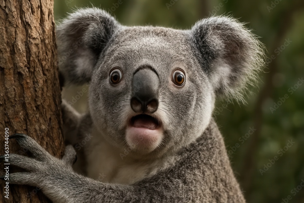 Naklejka premium A koala bear with its mouth open leaning against a tree