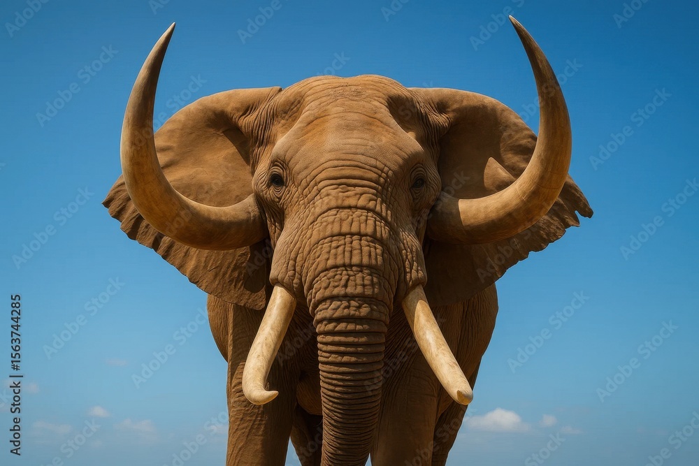 Obraz premium A large elephant with large tusks standing in front of a blue sky