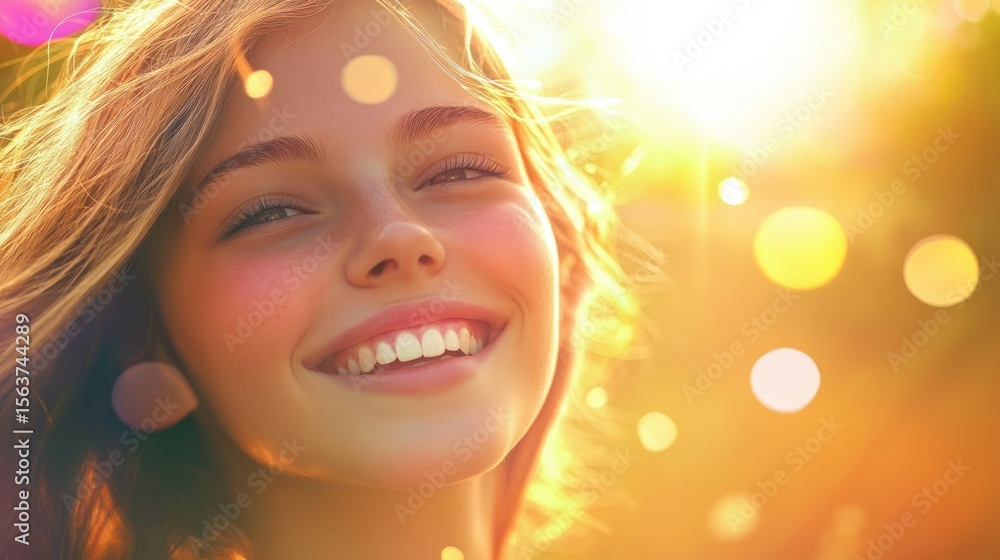 Fototapeta premium Joyful Young Woman in Y2K Aesthetic under Warm Sunlight