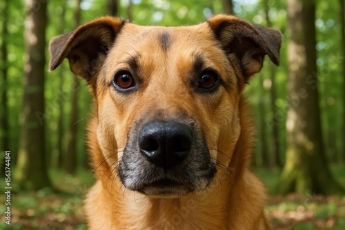 A brown dog looking at the camera in the woods