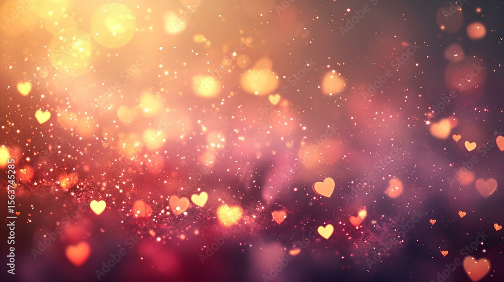 Fototapeta premium Heart-Shaped Bokeh Brilliance: A radiant, dreamlike image, showcasing a cascade of heart-shaped bokeh against a warm, inviting backdrop, perfect for conveying feelings of love, romance.