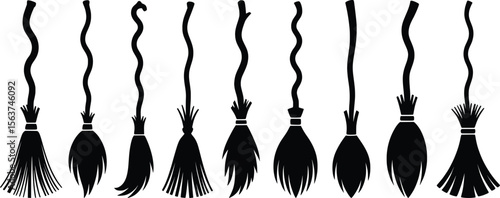 Witch Broomstick Silhouettes Set, Curved Handle Halloween Clipart Bundle.

