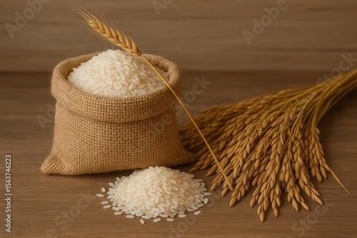 A sack of rice next to a bunch of ears of wheat