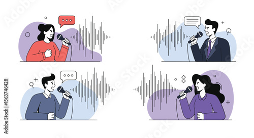 Diverse individuals expressing themselves vocally through microphones showcasing different emotions and sounds during public speaking or performance events