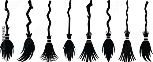 Witch Broomstick Silhouettes Set, Curved Handle Halloween Clipart Bundle.

