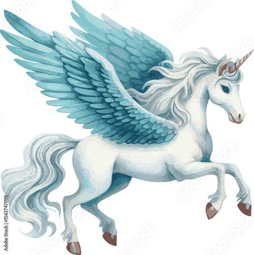 Vector watercolor painted illustration of unicorn pegasus