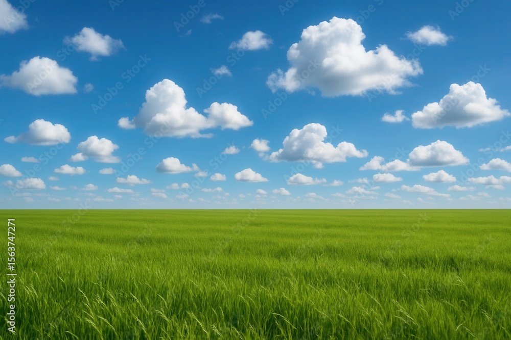 Fototapeta premium A field of green grass under a blue sky with white clouds