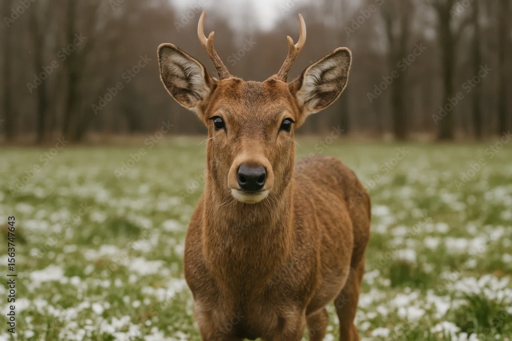 Fototapeta premium A deer standing in a field of snow covered grass