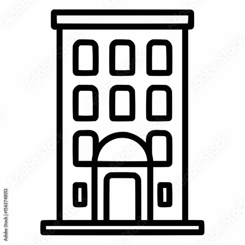 Classic multi-story building with entrance awning. Clean black outline showing urban lodging
