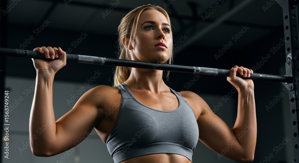 Determined Female Athlete Performing Overhead Barbell Lift in Gym