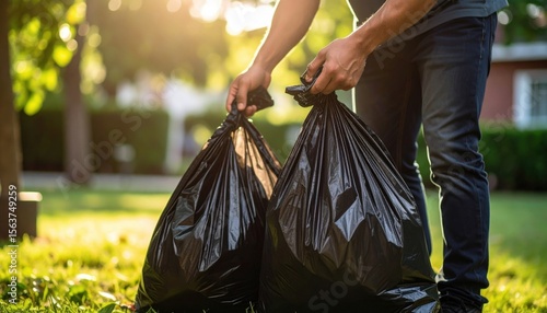 Man Picking Up Trash Bags In Yard