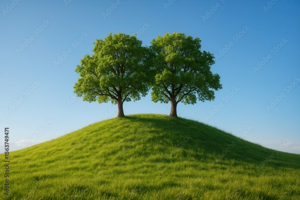 Two trees on top of a grassy hill with a blue sky in the background Two trees on top of a grassy hill with a blue sky in the background