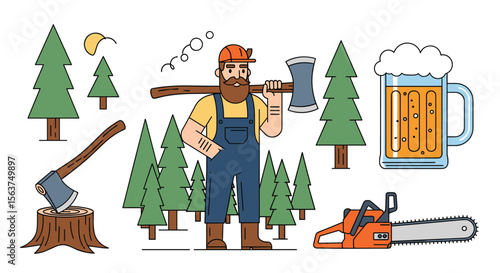 Illustrating a Bearded Lumberjack with Tools and Forest Elements Enjoying a Refreshing Beverage