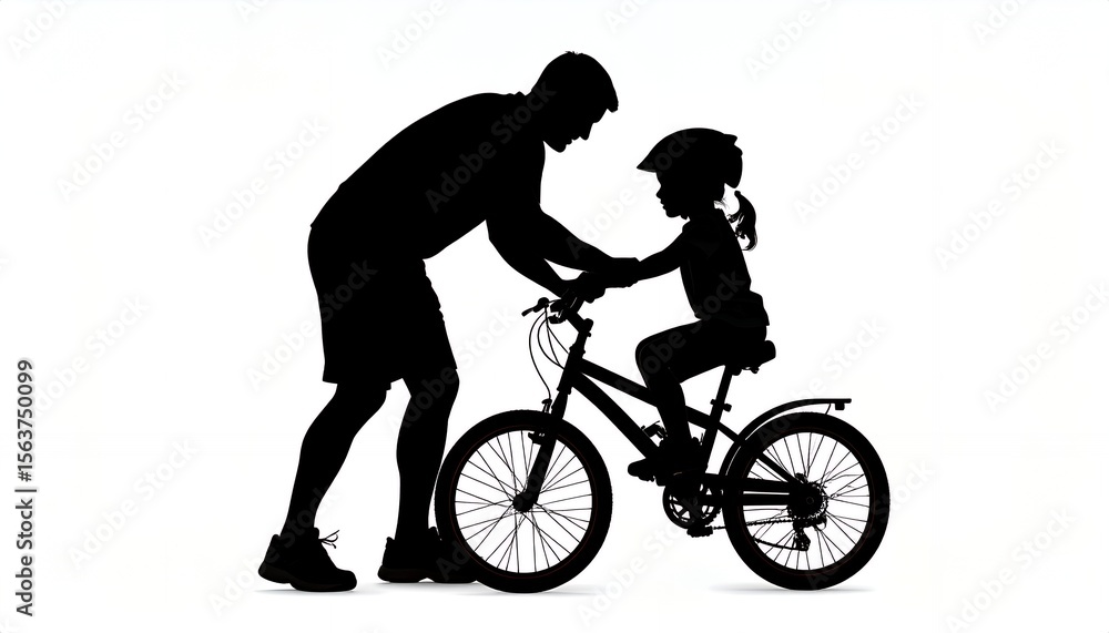 Fototapeta premium Silhouette of a father teaching his daughter to ride a bicycle, providing support as she learns, fostering family bonding and outdoor activities.