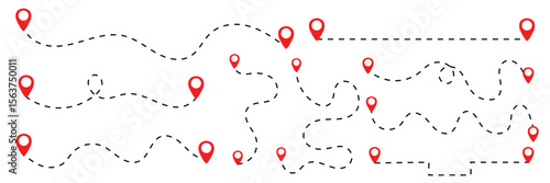 set of Route location icon two pin sign and dotted line. map path distance icon, pinpoint, map search, route, Route icon, two points with dotted path and location pin