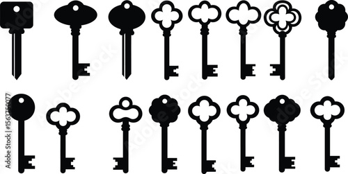 Diverse Antique and Vintage Skeleton Key Vector Silhouettes: Extensive Black Icon Collection Featuring Various Ornamental Bows and Keyhole Shapes for Security, Mystery, and Access Graphics.