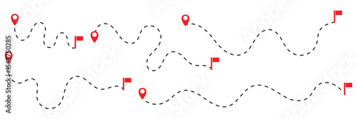 set of Route location icon two pin sign and dotted line. map path distance icon, pinpoint, map search, route, Route icon, two points with dotted path and location pin