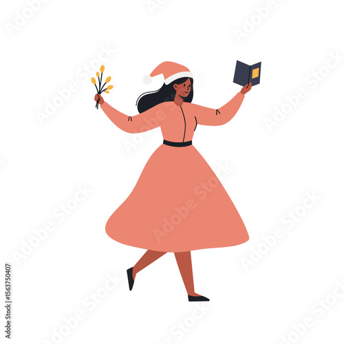 Woman dancing to carols while holding a book and sparklers  