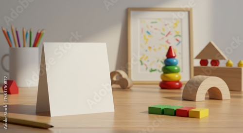 Blank white card standing on wooden table in children room, surrounded by colorful toy. Background for baby room art, pregnancy announcements, baby shower announcement.	
