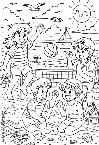 Coloring page of happy kids playing beach volleyball, collecting seashells, under smiling sun with seagulls and sailboat in background, perfect for summer fun coloring activities.


