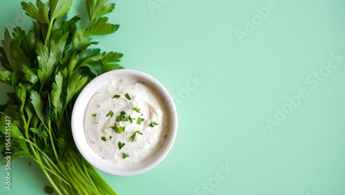 Creamy homemade ranch dressing recipe with fresh parsley and herbs on light green background