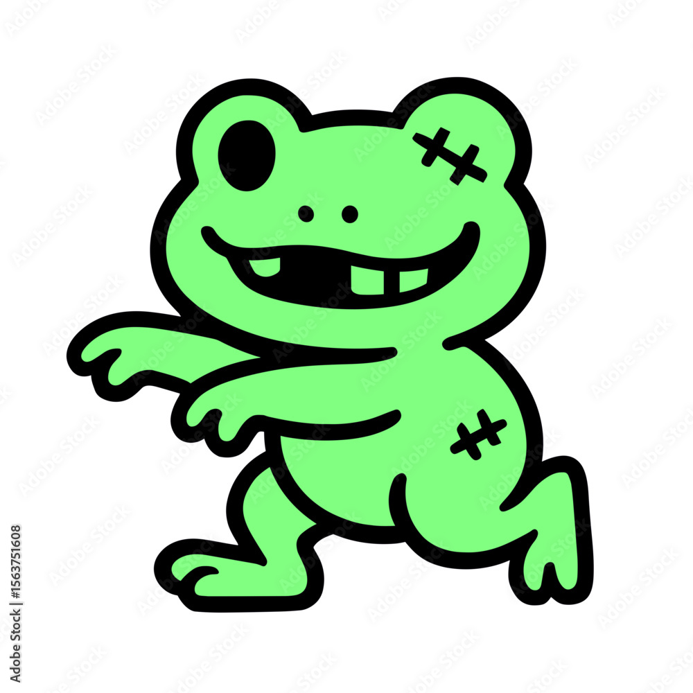 A playful cartoon zombie frog stands, with a charming grin and an endearing appearance. the illustrated creature, a perfect depiction of playful and a cheerful character. vector illustration A playful cartoon zombie frog stands, with a charming grin and an endearing appearance. the illustrated creature, a perfect depiction of playful and a cheerful character. vector illustration
