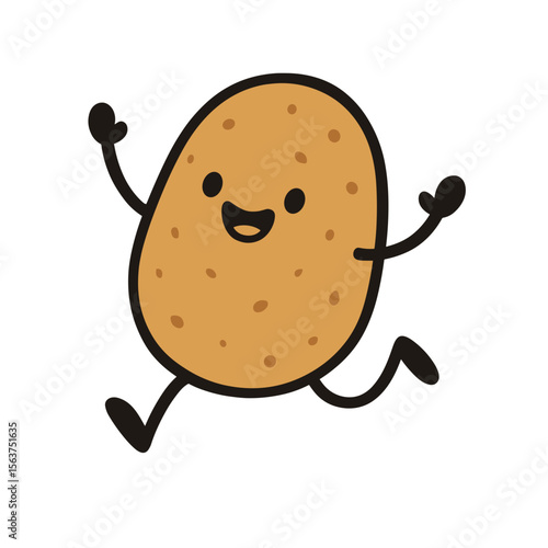 A cheerful potato character joyfully skips and bounds across the scene, radiating positivity and a sense of fun. perfect for a food-themed design. vector illustration