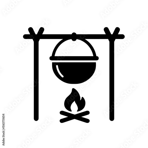 A campfire scene shows a classic camping meal cooking over an open flame. with a sense of outdoor adventure. vector illustration