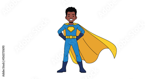 Young African American Superhero Standing Proudly in a Blue Costume with a Yellow Cape and Emblem Ready for Action