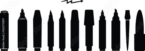 Variety of Marker Pen Vector Silhouettes with Squiggle Icon: Black Collection Featuring Different Sizes and Tip Styles of Highlighting and Drawing Tools for Education and Creative Graphics.