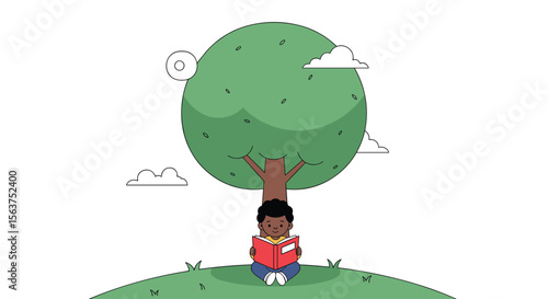 A young boy enjoys reading a book under the shade of a large green tree on a sunny day