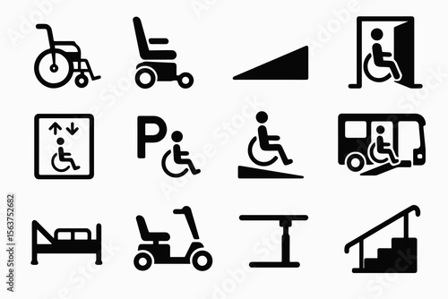12 black wheelchair accessibility icons on white. Vector for mobility, inclusion, and support.