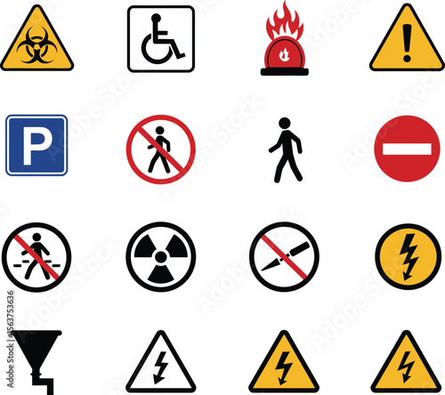 Comprehensive Warning & Prohibitory Signs Set: Danger, Biohazard, Accessibility, and Traffic Icons.