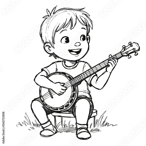 Child playing banjo while sitting on transparent background