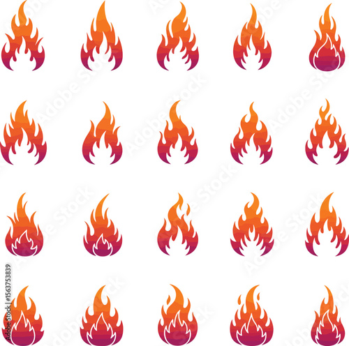 Dynamic Fire Flames Icons Set: Red and Orange Hot Blaze Elements for Energy, Heat, and Danger Concepts.