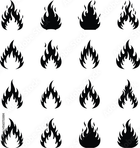 Dynamic Fire Flames Icons Set: Red and Orange Hot Blaze Elements for Energy, Heat, and Danger Concepts.