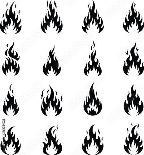 Dynamic Fire Flames Icons Set: Red and Orange Hot Blaze Elements for Energy, Heat, and Danger Concepts.