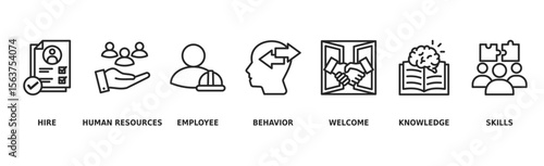 Onboarding banner web icon vector illustration concept for human resources business industry to introduce newly hired employee into an organization with behavior, welcome, knowledge, and skills icon