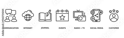 Public relations banner web icon vector illustration concept with icon of communication, internet, journal, events, radio, tv, social media, and customer
