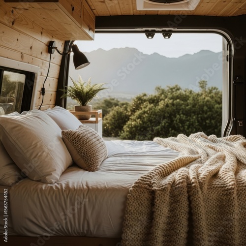 Van life interior design campervan conversion bed view mountains adventure