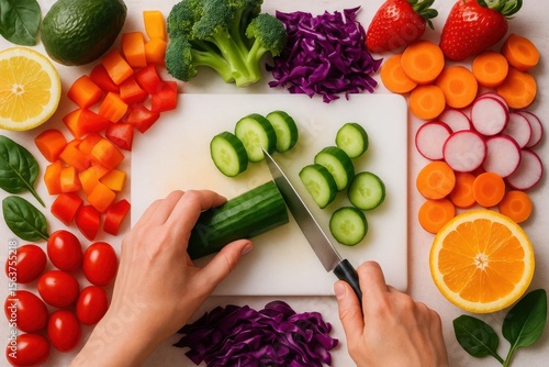 A person cutting up vegetables on a cutting board with a knife