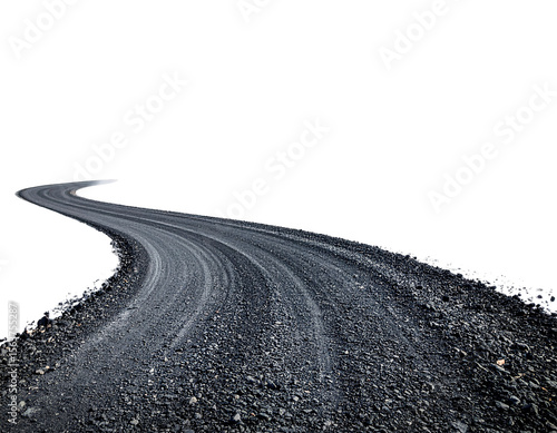 A winding gravel road disappearing into a dark and shadowy distance isolated on transparent background