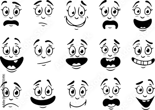 Cartoon retro faces. Vintage emotional face with mascot characters funny faces , eyes and mouths elements