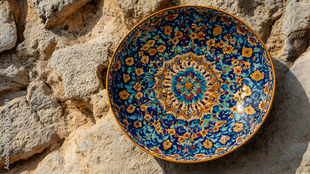 Obraz premium Ornate hand-painted ceramic bowl, vibrant floral and geometric patterns, rests on ancient stone wall. Captures artistry and cultural heritage.