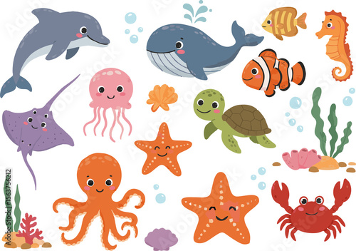 Photography Cute cartoon sea animals like fish, octopus, and sharks form a seamless vector p