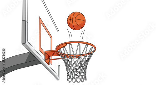 An orange basketball soaring through the air toward a basketball hoop and net during a game of basketball
