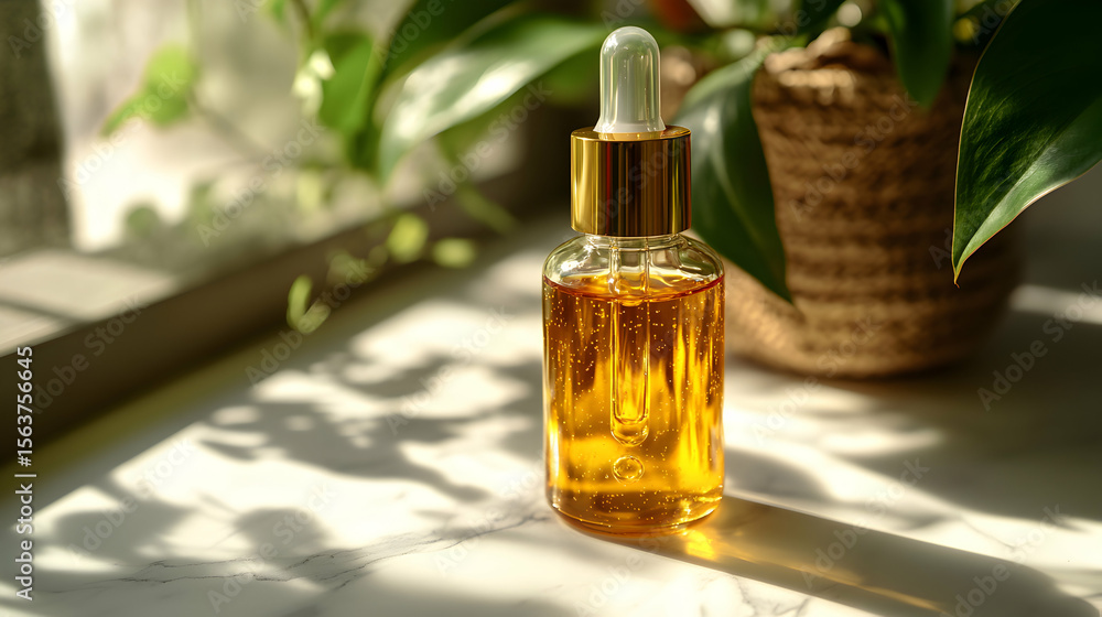 Golden serum bottle, sunlight, marble, plant shadows. Luxurious skincare product displayed on a marble surface with natural light. Golden serum bottle, sunlight, marble, plant shadows. Luxurious skincare product displayed on a marble surface with natural light.