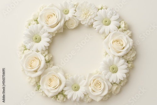 Wallpaper Mural A delicate white floral wreath of roses and daisies creates a beautiful circle, isolated on white background Torontodigital.ca